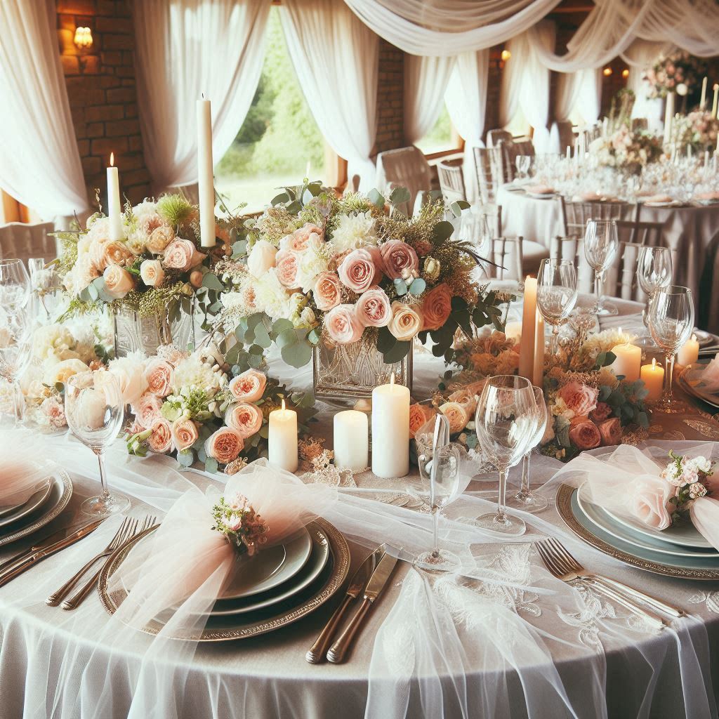 Trang trí bàn tiệc lãng mạn, sang trọng với khăn trải bàn, runner Organza.